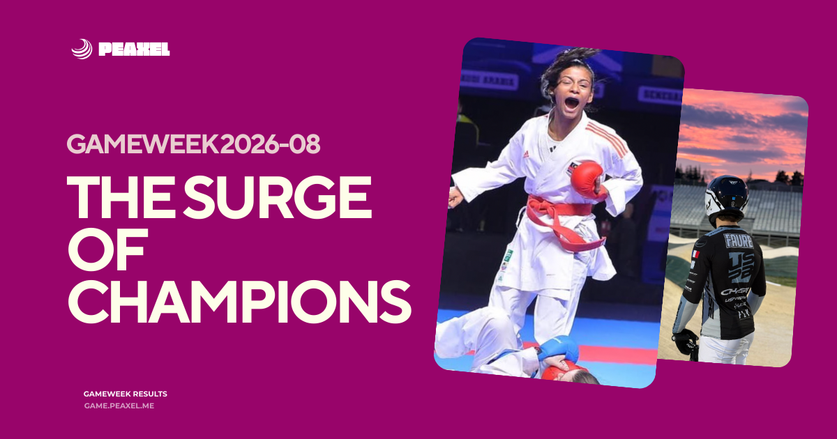 GW 2026-08 results are in! Shahmalarani Chandran takes #1, while Victor Crouin and the BMX squad battle for the podium. Manage your champions on Peaxel.